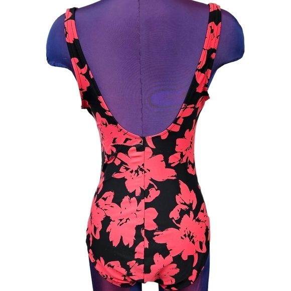 Aqua Green Coral & Black Floral One Piece Swimsuit Size Small Women's F103 - Picture 5 of 11